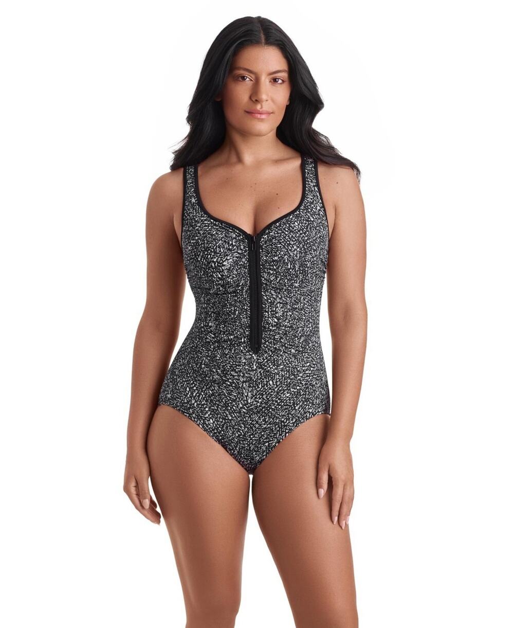 ShapeSolver Women's Sport Shirred Zipper One-Piece Swimsuit Black Size 10 2900